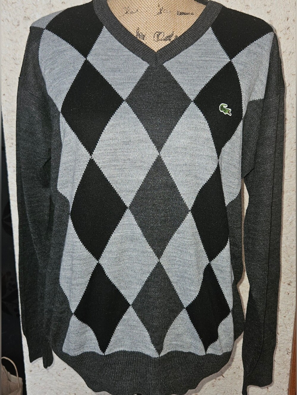 Lacoste Men’s Gray and Black Argyle V-Neck Sweater